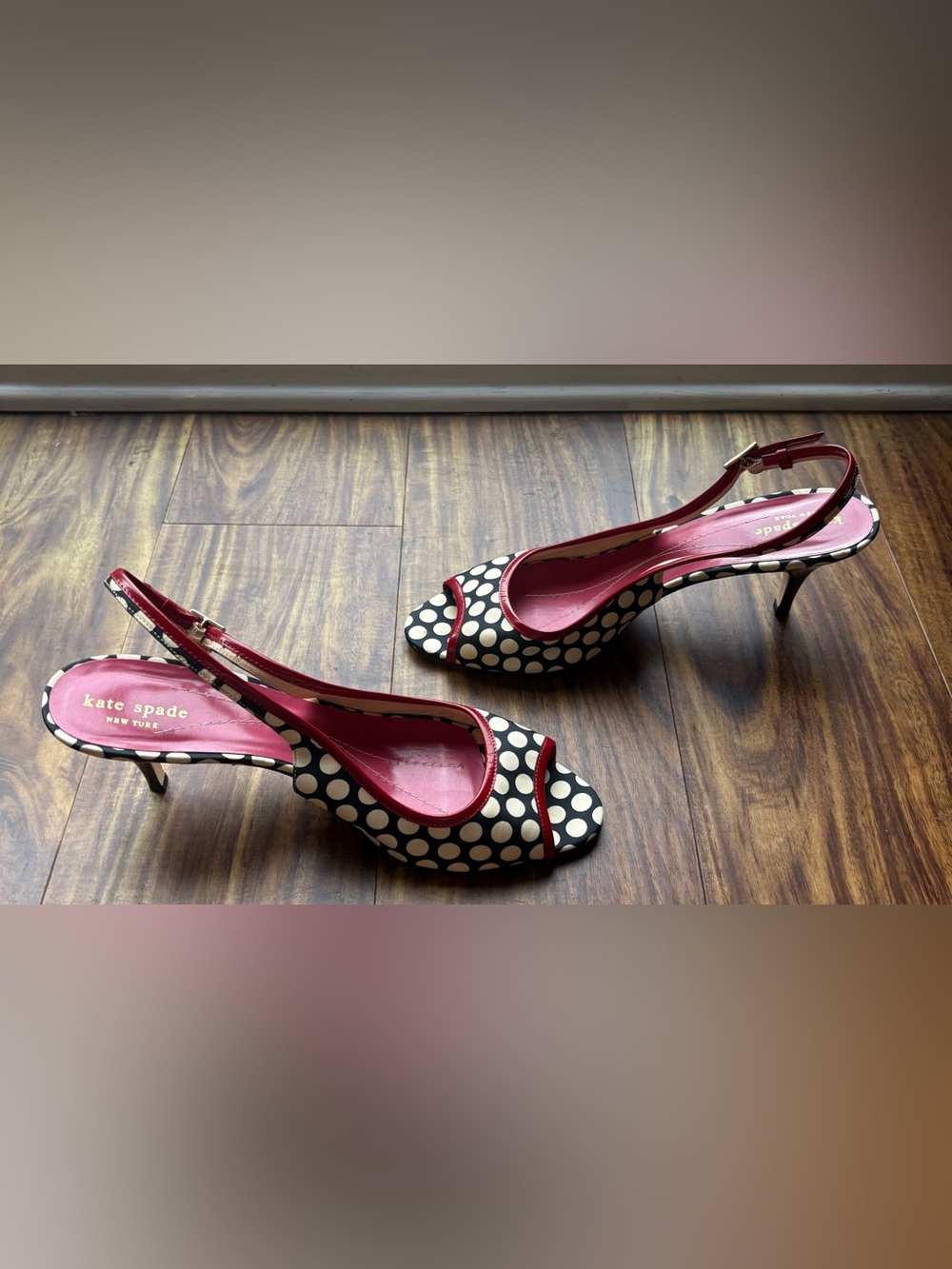 Kate Spade NY Black & White Fabric slingback peep-toe heels Women’s 9.5 - Picture 3 of 5